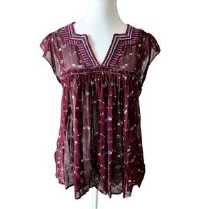Ulla Johnson Silk Burgundy Embroidered Blouse Size 6 Boho Romantic Sheer Top